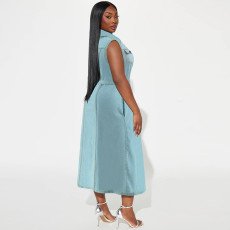 Plus Size Sleeveless Lapel Tie Up Denim Maxi Dress GDAM-218502