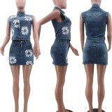Fashion Print Denim Sleeveless Zipper Jacket Skirt Suit TK-6322