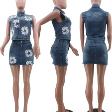 Fashion Print Denim Sleeveless Zipper Jacket Skirt Suit TK-6322