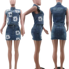Fashion Print Denim Sleeveless Zipper Jacket Skirt Suit TK-6322
