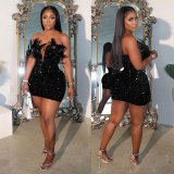Sequin Deep V Neck Feather Mini Dress NY-3205
