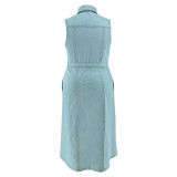 Plus Size Sleeveless Lapel Tie Up Denim Maxi Dress GDAM-218502