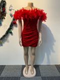 Sequin Feather Splicing Tube Tops Dress NY-3176