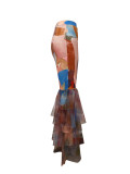 Contrast Color Printed Mesh Ruffle Flared Pants LSD-2115
