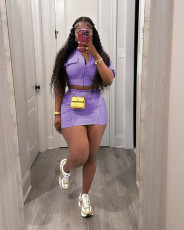 Solid Short Sleeve Zipper Two Piece Skirts Set TR-1312