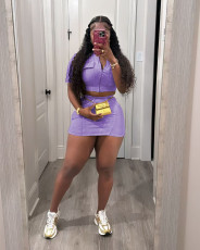 Solid Short Sleeve Zipper Two Piece Skirts Set TR-1312