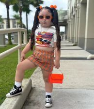 Kid Girl Cartoon Printed T-shirt Plaid Skirt Suit GYAY-8099