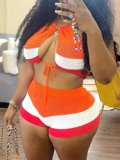 Print Halter Tie Up Color Block Two Piece Short Set GFTF-881151580 