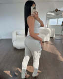 Solid Color Zipper Tight Sleeveless Sport Pants Suit WSM-5368