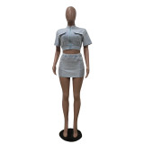Solid Short Sleeve Zipper Two Piece Skirts Set TR-1312
