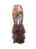 Contrast Color Printed Mesh Ruffle Flared Pants LSD-2115