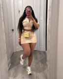 Solid Short Sleeve Zipper Two Piece Skirts Set TR-1312