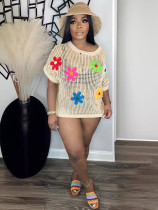 O Neck Flower Short Sleevel Tops SH-391189