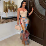 Contrast Color Printed Mesh Ruffle Flared Pants LSD-2115