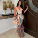 Contrast Color Printed Mesh Ruffle Flared Pants LSD-2115