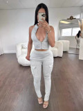 Solid Color Zipper Tight Sleeveless Sport Pants Suit WSM-5368