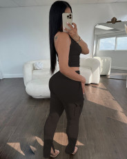 Solid Color Zipper Tight Sleeveless Sport Pants Suit WSM-5368