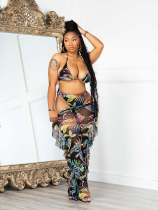Sexy Print Swimsuit Mesh Three Piece Set LSL-6449