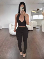 Solid Color Zipper Tight Sleeveless Sport Pants Suit WSM-5368