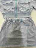 Solid Short Sleeve Zipper Two Piece Skirts Set TR-1312