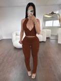 Solid Color Zipper Tight Sleeveless Sport Pants Suit WSM-5368