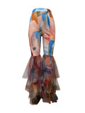 Contrast Color Printed Mesh Ruffle Flared Pants LSD-2115