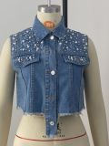 Beaded Diamond Studded Denim Vest Jacket GQDH-1073