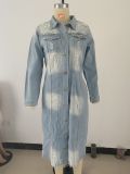 Fashion Denim Long Sleeve Holes Long Coat GQDH-932