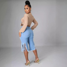 Fashion Denim Holes Tassel Mid Pant GQDH-968-1