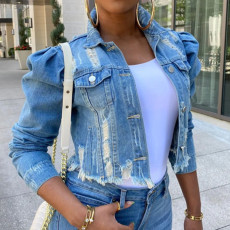 Ripped Bubble Sleeve Denim Jacket GQDH-911