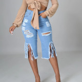 Fashion Denim Holes Tassel Mid Pant GQDH-968-1
