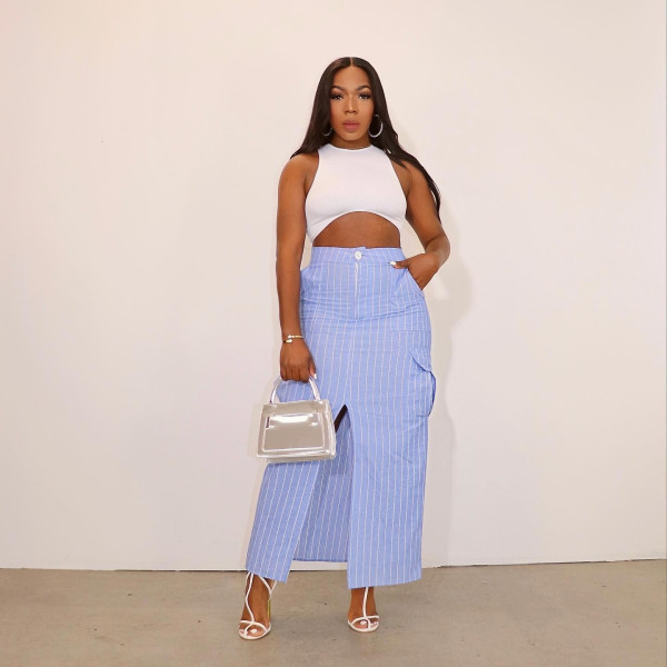 High-waisted Striped Split Work Skirt BN-9445