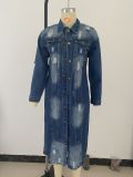 Fashion Denim Long Sleeve Holes Long Coat GQDH-932