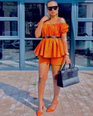 Fashion Print One Shoulder Tops 2 Piece Shorts Set LSL-6446