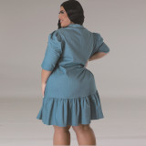 Plus Size Denim Lapel Short Sleeve Loose Casual Dress GDAM-218601