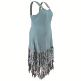 Plus Size Denim Sleeveless Sling Tassel Long Dress GDAM-218603