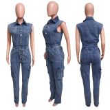 Sleeveless Single Breasted Straight Jumpsuit LX-6983
