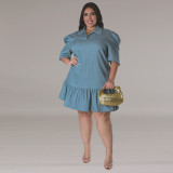 Plus Size Denim Lapel Short Sleeve Loose Casual Dress GDAM-218601
