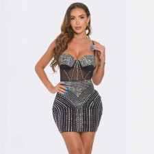 Hot Drill Mesh Splicing Sling Mini Dress NY-3196