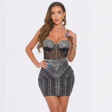Hot Drill Mesh Splicing Sling Mini Dress NY-3196