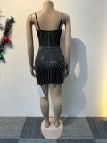 Hot Drill Mesh Splicing Sling Mini Dress NY-3196
