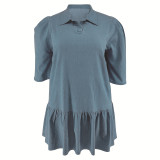 Plus Size Denim Lapel Short Sleeve Loose Casual Dress GDAM-218601
