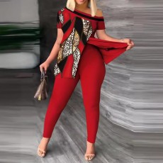 Plus Size Print Short Sleeve Slash 2 Piece Pants Set OSIF-3228