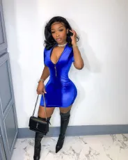 Solid Color Zipper Short Sleeve Midi Dress XMF-1029