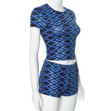 Diamond Check Print O Neck Casual Shorts  Suit MXBF-D24ST089