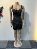 Hot Drill Mesh Splicing Sling Mini Dress NY-3196