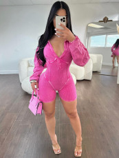 Lapel Deep V Skinny Long Sleeve Romper CH-24031
