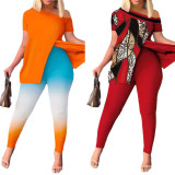 Plus Size Print Short Sleeve Slash 2 Piece Pants Set OSIF-3228