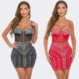 Hot Drill Mesh Splicing Sling Mini Dress NY-3196