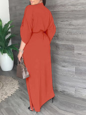 Solid Color 3/4 Sleeve Tie Up Maxi Dress YH-5296